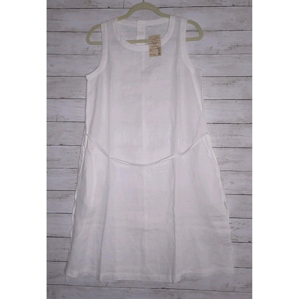 Muji Linen Dress Womens Large White French Linen Sleeveless Tie Waist New